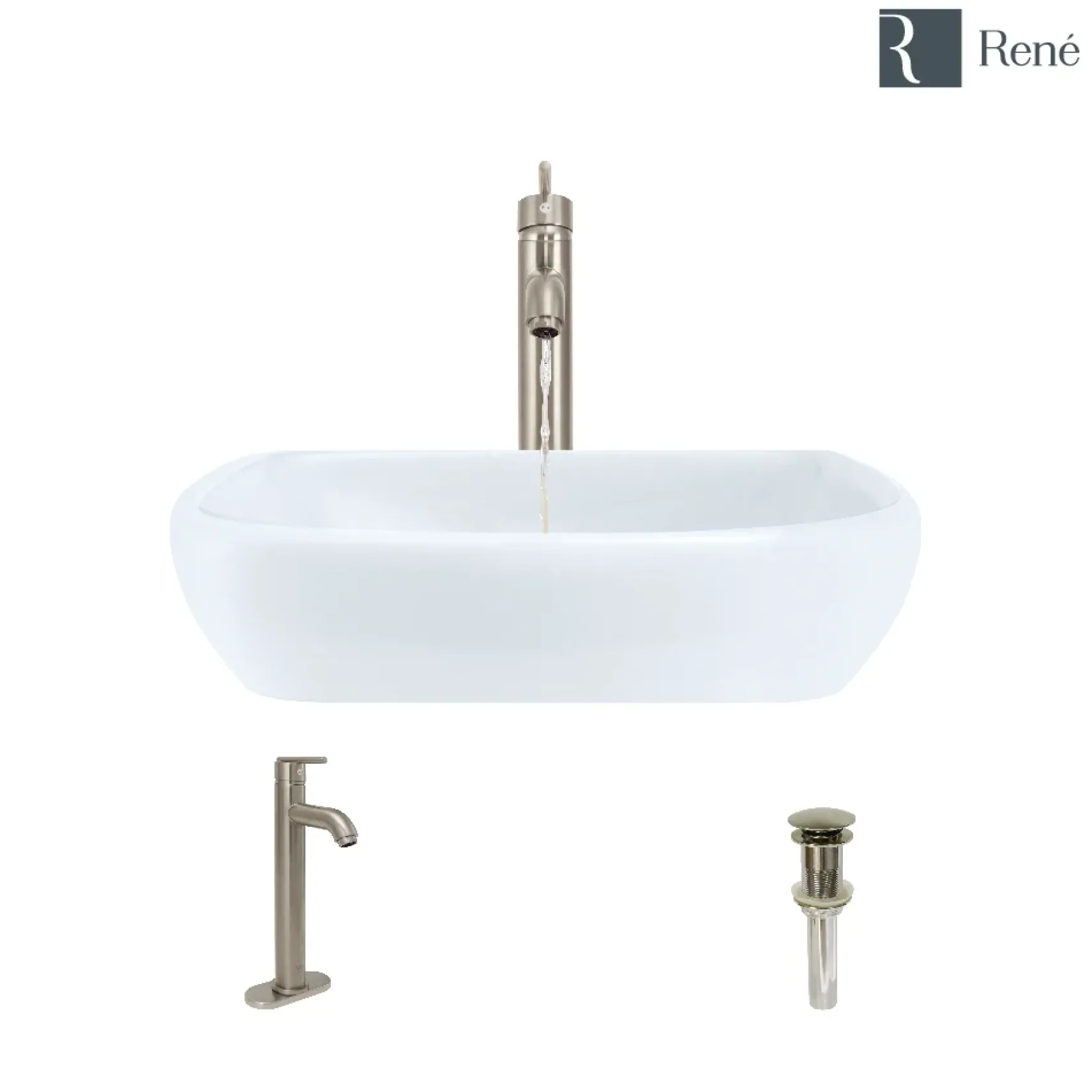 Rene 17" Round Porcelain Bathroom Sink, White, with Faucet, R2-5011-W-R9-7001-BN