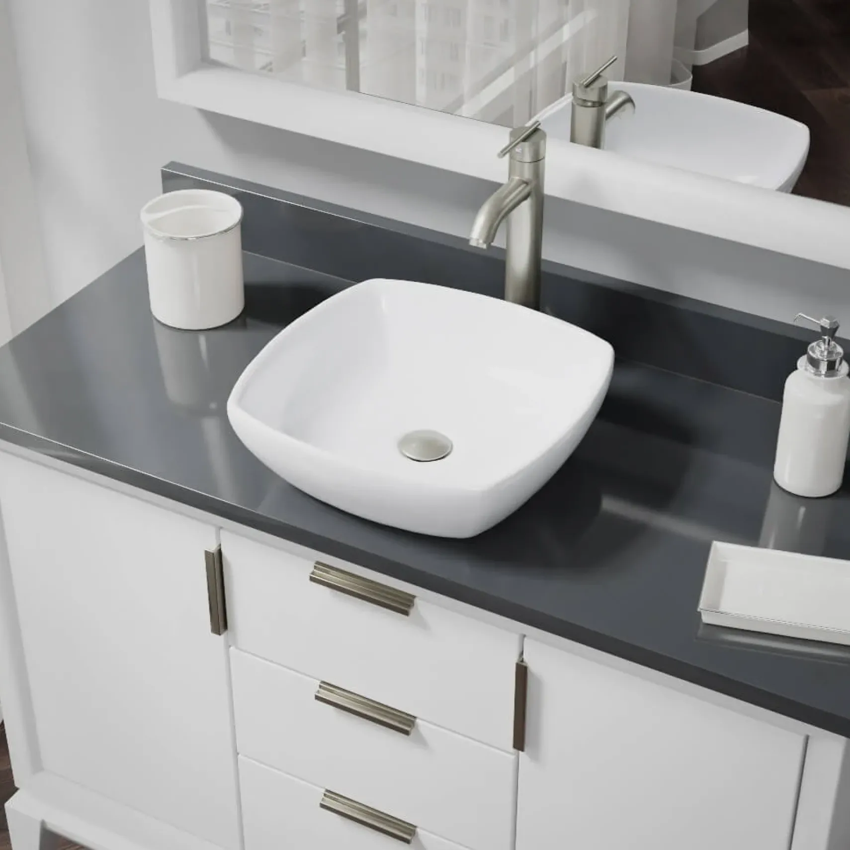 Rene 17" Round Porcelain Bathroom Sink, White, with Faucet, R2-5011-W-R9-7001-BN