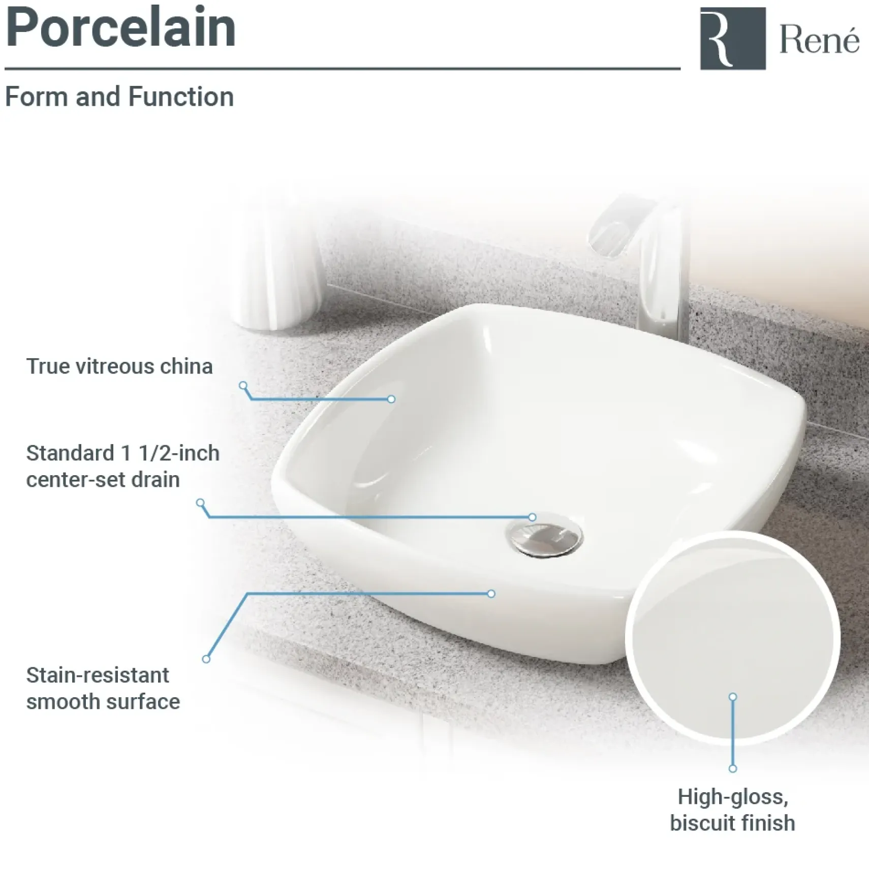 Rene 17" Round Porcelain Bathroom Sink, Biscuit, with Faucet, R2-5011-B-R9-7001-C