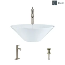 Rene 17" Round Porcelain Bathroom Sink, White, with Faucet, R2-5015-W-R9-7001-BN