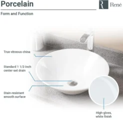 Rene 17" Round Porcelain Bathroom Sink, White, with Faucet, R2-5015-W-R9-7007-BN