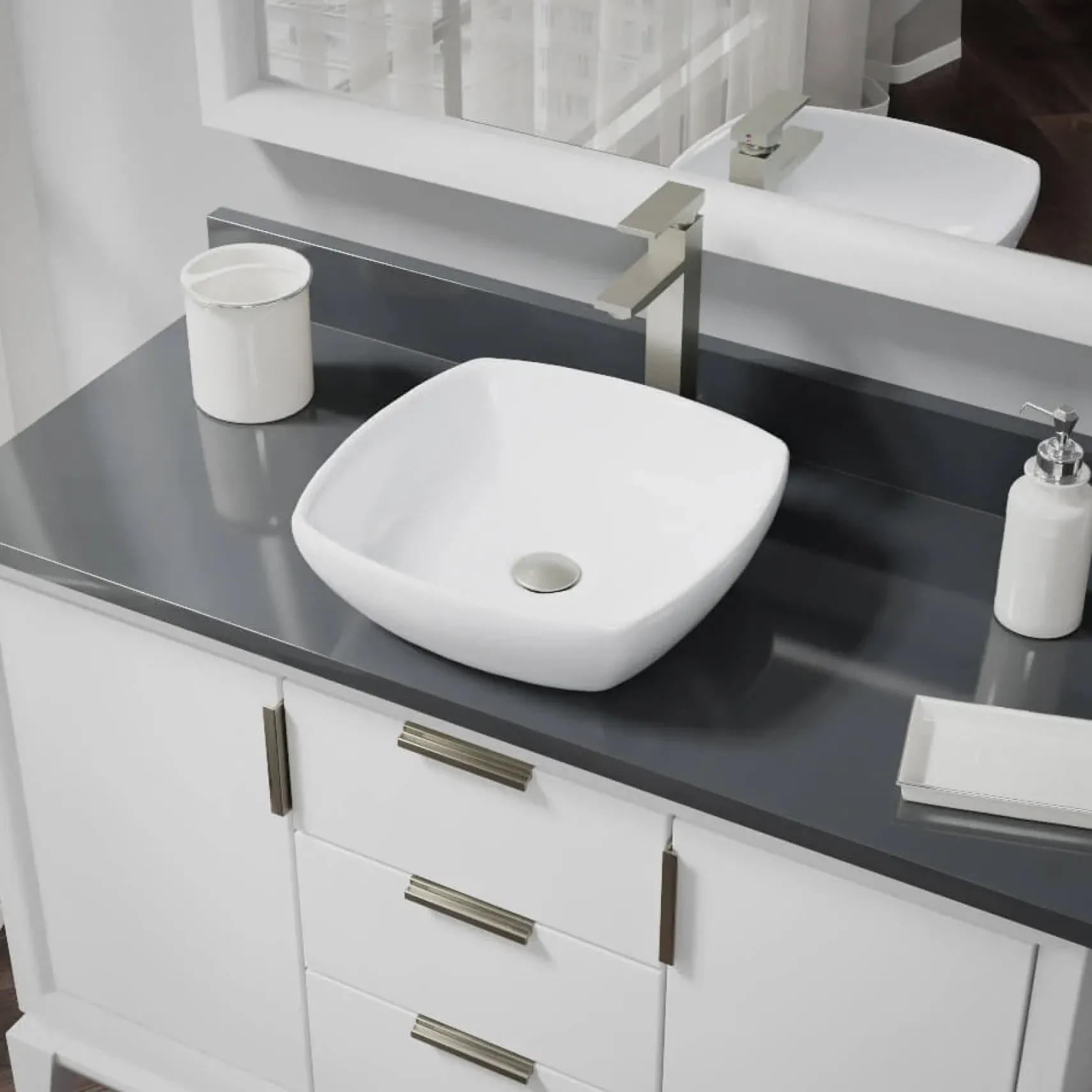 Rene 17" Round Porcelain Bathroom Sink, White, with Faucet, R2-5011-W-R9-7003-BN