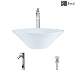 Rene 17" Round Porcelain Bathroom Sink, White, with Faucet, R2-5015-W-R9-7006-C