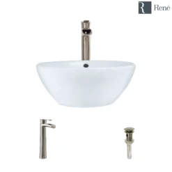 Rene 16" Round Porcelain Bathroom Sink, White, with Faucet, R2-5031-W-R9-7007-BN
