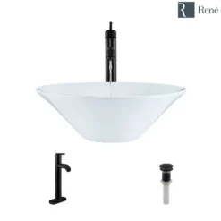 Rene 17" Round Porcelain Bathroom Sink, White, with Faucet, R2-5015-W-R9-7001-ABR
