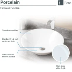 Rene 17" Round Porcelain Bathroom Sink, White, with Faucet, R2-5015-W-R9-7001-ABR