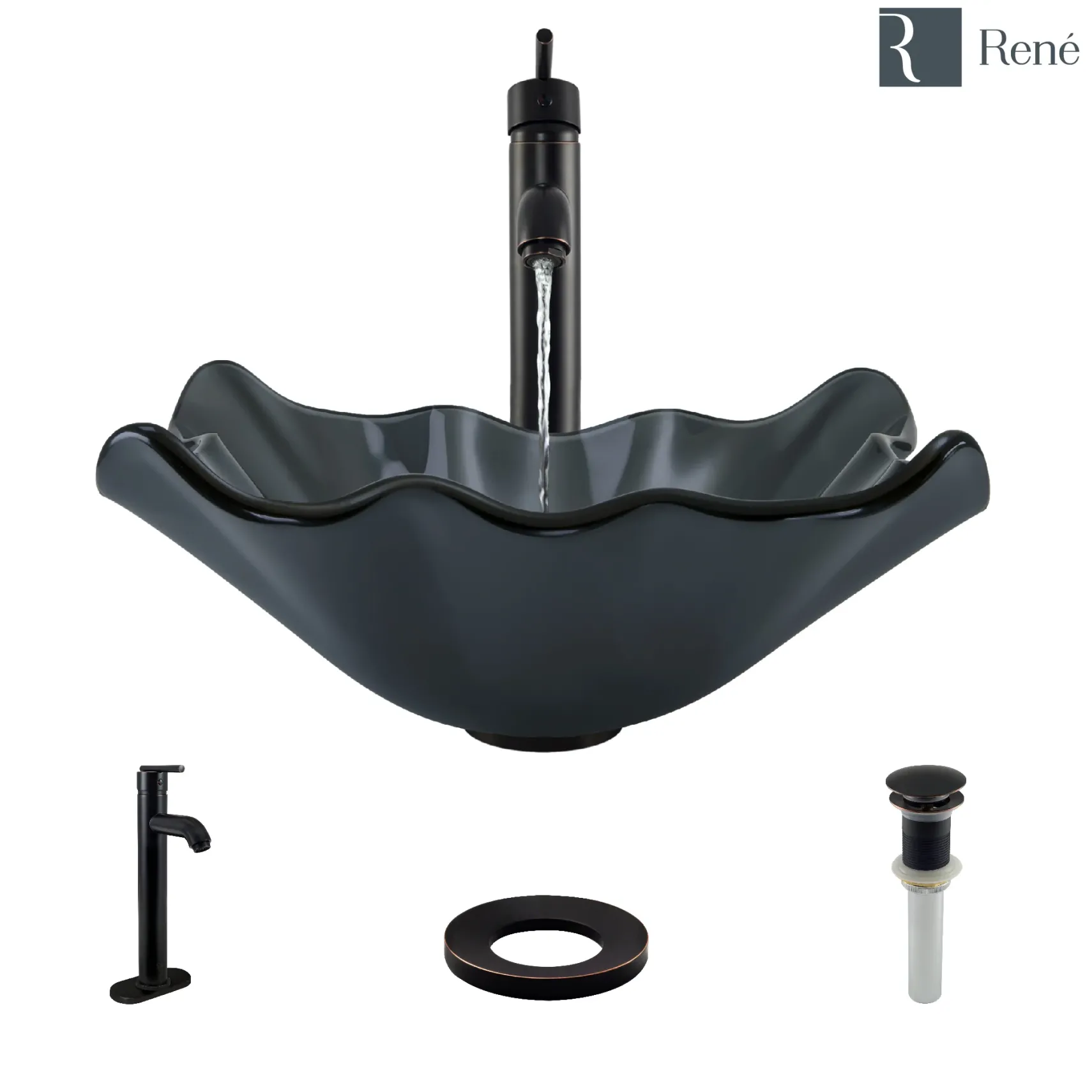 Rene 17" Specialty Glass Bathroom Sink, Smoky Black, with Faucet, R5-5012-R9-7001-ABR