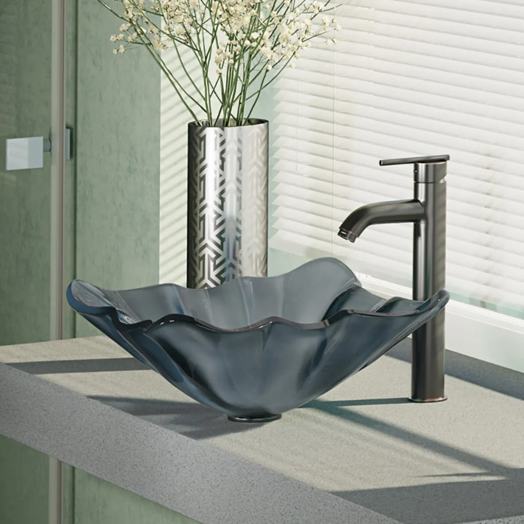 Rene 17" Specialty Glass Bathroom Sink, Smoky Black, with Faucet, R5-5012-R9-7001-ABR