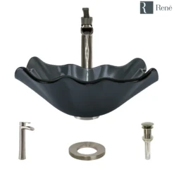 Rene 17" Specialty Glass Bathroom Sink, Smoky Black, with Faucet, R5-5012-R9-7007-BN