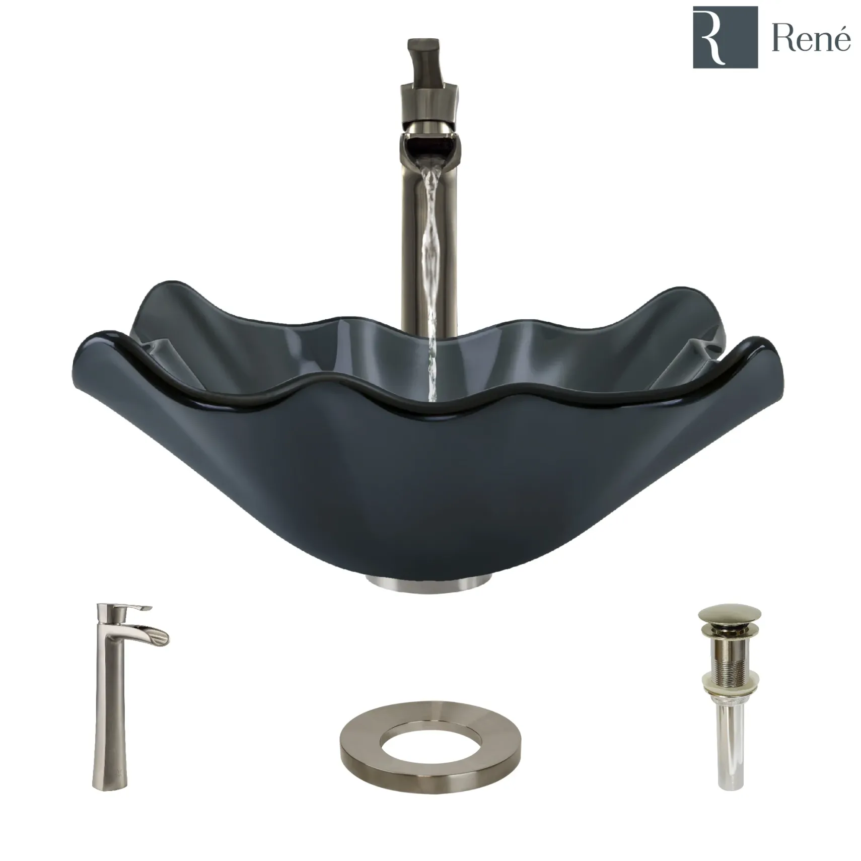Rene 17" Specialty Glass Bathroom Sink, Smoky Black, with Faucet, R5-5012-R9-7007-BN