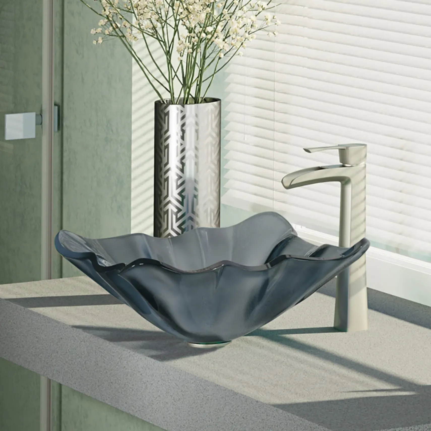 Rene 17" Specialty Glass Bathroom Sink, Smoky Black, with Faucet, R5-5012-R9-7007-BN