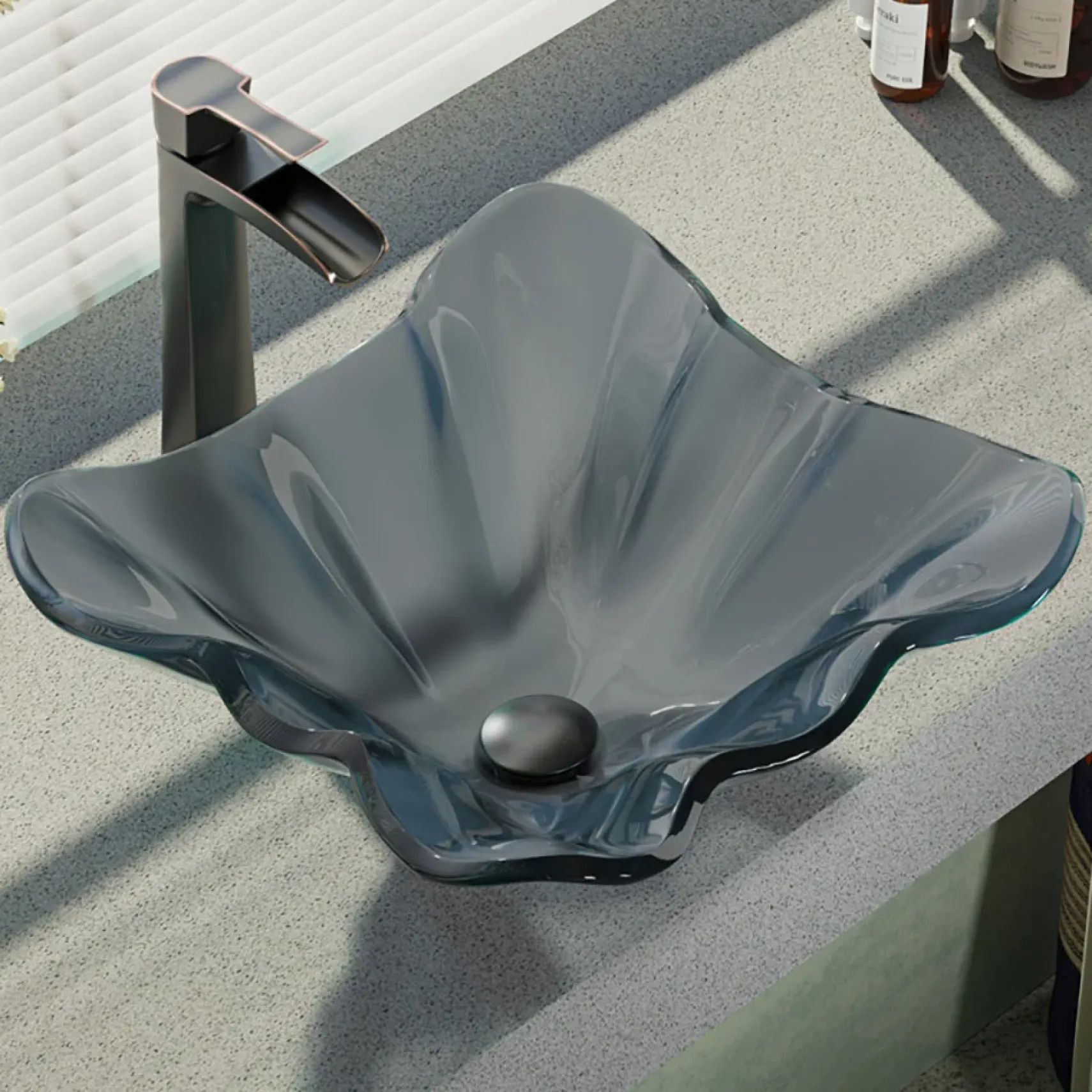 Rene 17" Specialty Glass Bathroom Sink, Smoky Black, with Faucet, R5-5012-R9-7007-ABR