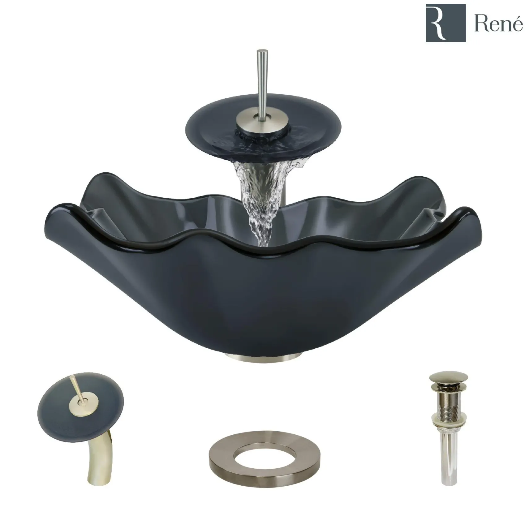 Rene 17" Specialty Glass Bathroom Sink, Smoky Black, with Faucet, R5-5012-WF-BN