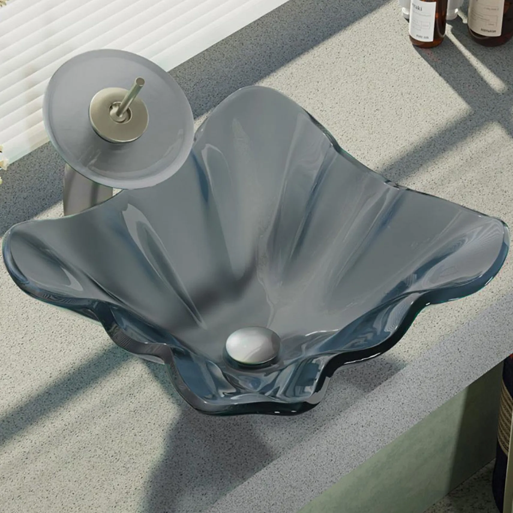 Rene 17" Specialty Glass Bathroom Sink, Smoky Black, with Faucet, R5-5012-WF-BN