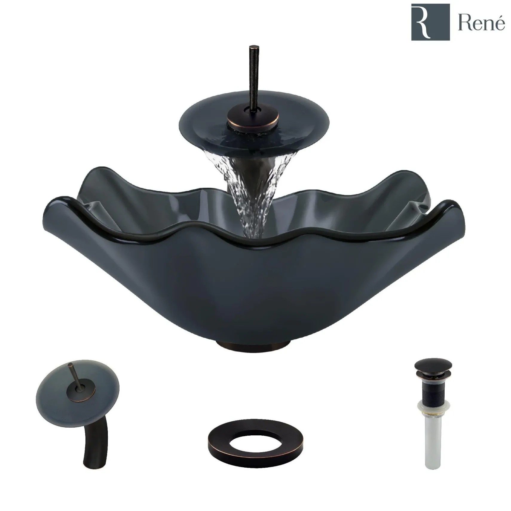 Rene 17" Specialty Glass Bathroom Sink, Smoky Black, with Faucet, R5-5012-WF-ABR
