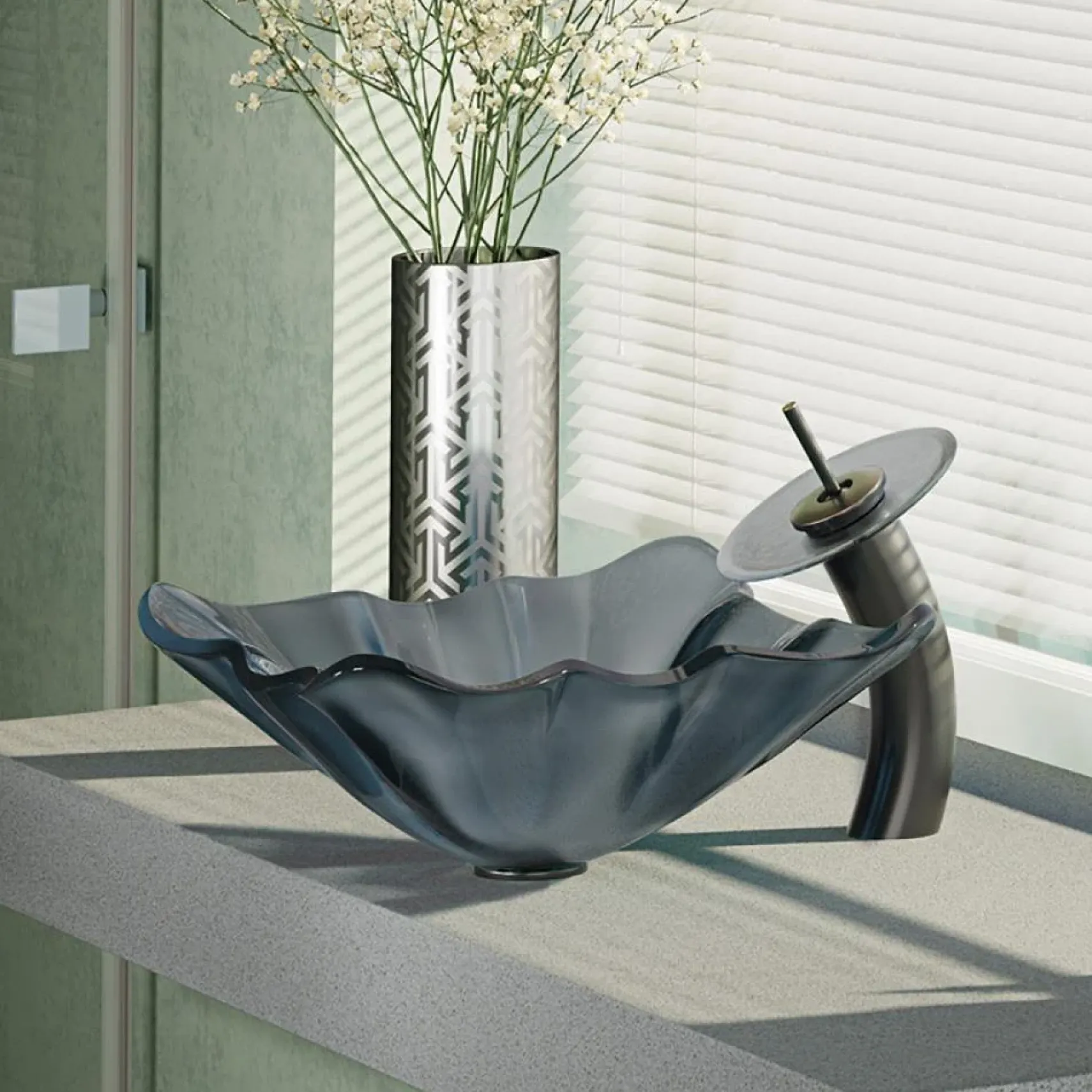 Rene 17" Specialty Glass Bathroom Sink, Smoky Black, with Faucet, R5-5012-WF-ABR