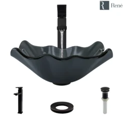 Rene 17" Specialty Glass Bathroom Sink, Smoky Black, with Faucet, R5-5012-R9-7003-ABR