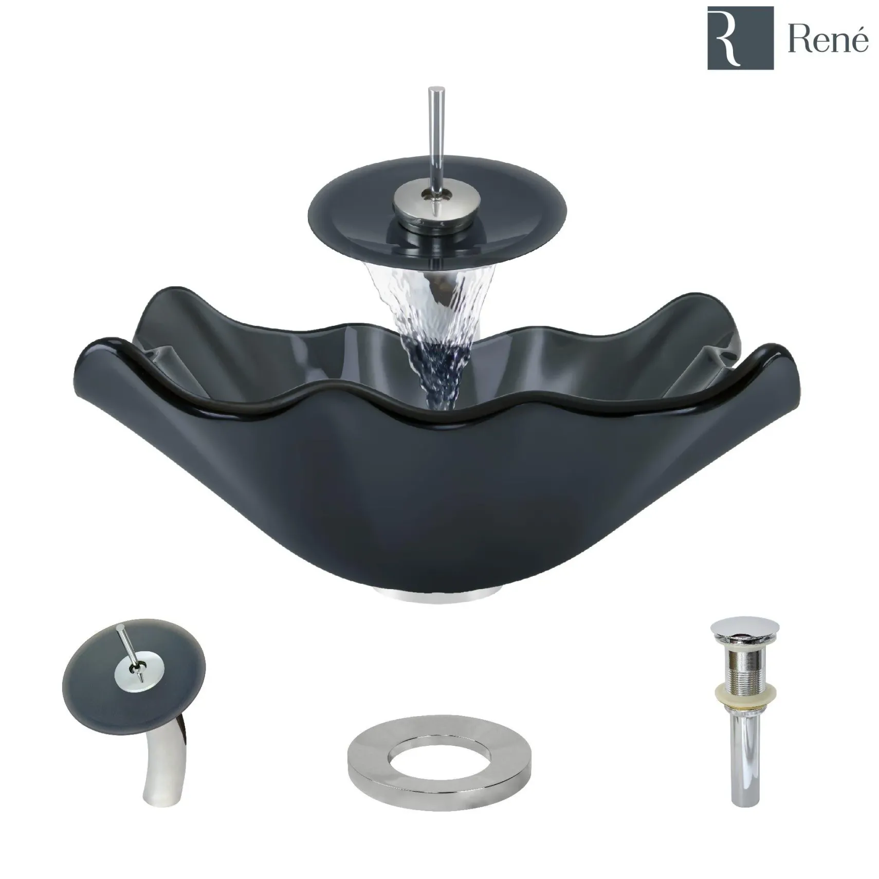 Rene 17" Specialty Glass Bathroom Sink, Smoky Black, with Faucet, R5-5012-WF-C
