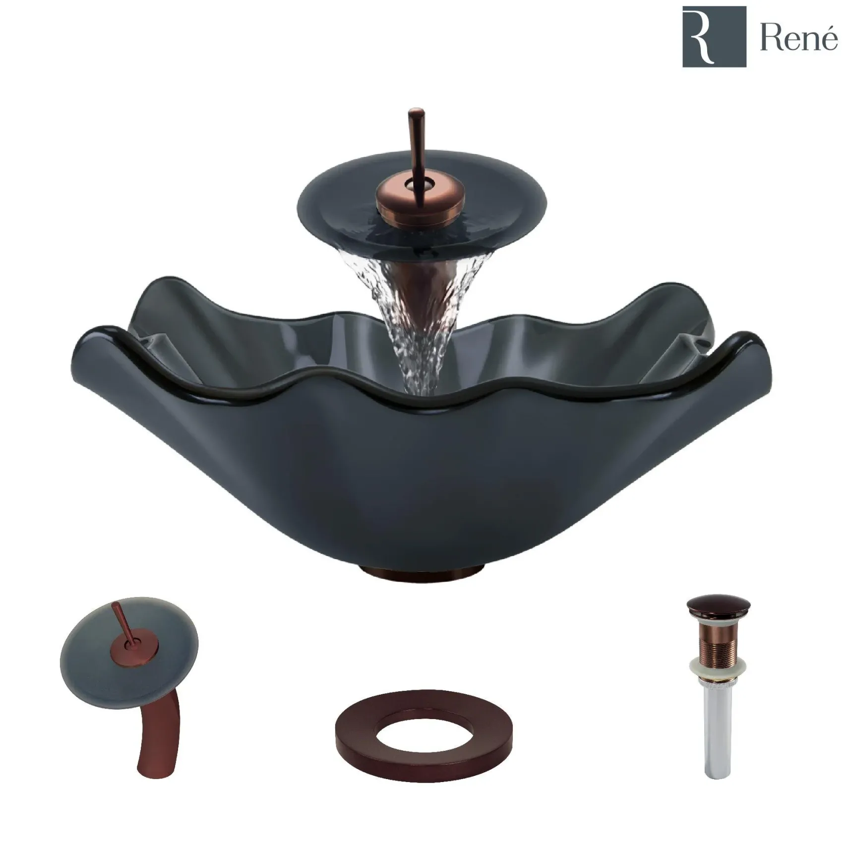 Rene 17" Specialty Glass Bathroom Sink, Smoky Black, with Faucet, R5-5012-WF-ORB
