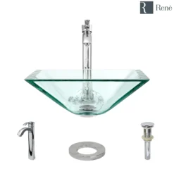 Rene 17" Square Glass Bathroom Sink, Crystal, with Faucet, R5-5003-CRY-R9-7006-C