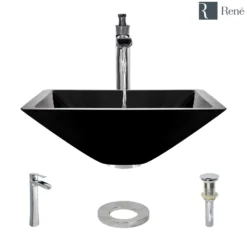 Rene 17" Square Glass Bathroom Sink, Noir, with Faucet, R5-5003-NOR-R9-7007-C