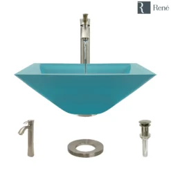 Rene 17" Square Glass Bathroom Sink, Cerulean, with Faucet, R5-5003-CER-R9-7006-BN