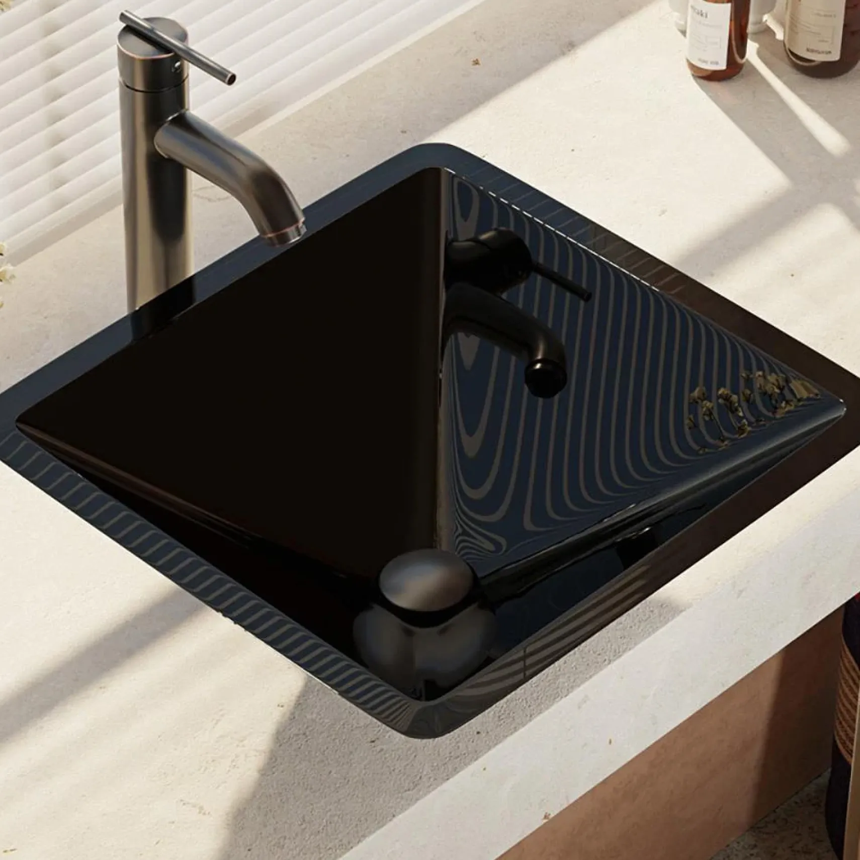 Rene 17" Square Glass Bathroom Sink, Noir, with Faucet, R5-5003-NOR-R9-7001-ABR