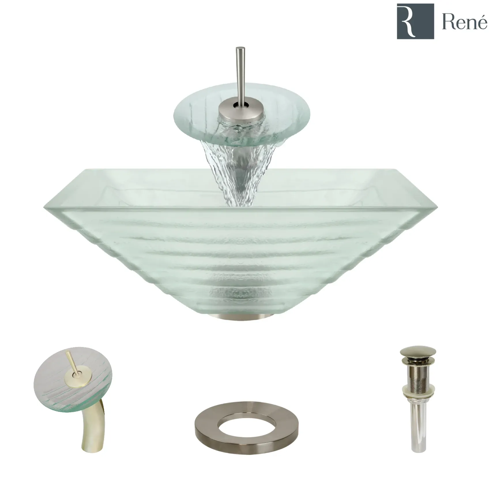 Rene 17" Square Glass Bathroom Sink, Textured, with Faucet, R5-5004-WF-BN