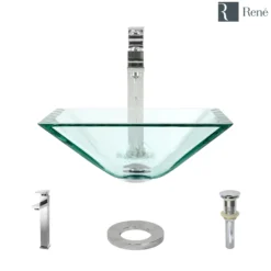 Rene 17" Square Glass Bathroom Sink, Crystal, with Faucet, R5-5003-CRY-R9-7003-C