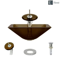 Rene 17" Square Glass Bathroom Sink, Cashmere, with Faucet, R5-5003-CAS-WF-C