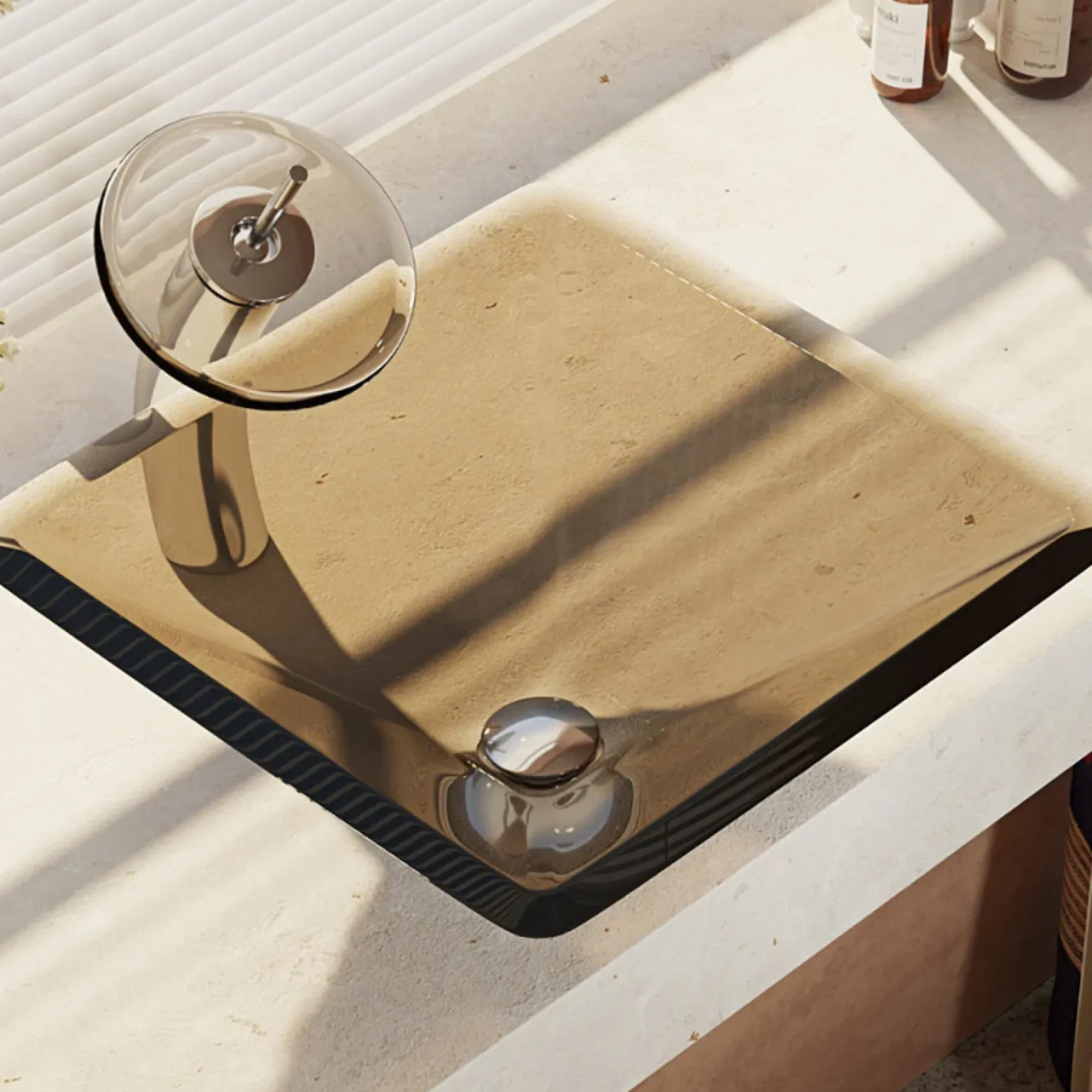Rene 17" Square Glass Bathroom Sink, Cashmere, with Faucet, R5-5003-CAS-WF-C