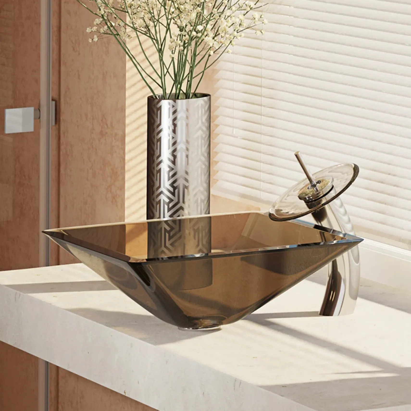 Rene 17" Square Glass Bathroom Sink, Cashmere, with Faucet, R5-5003-CAS-WF-C