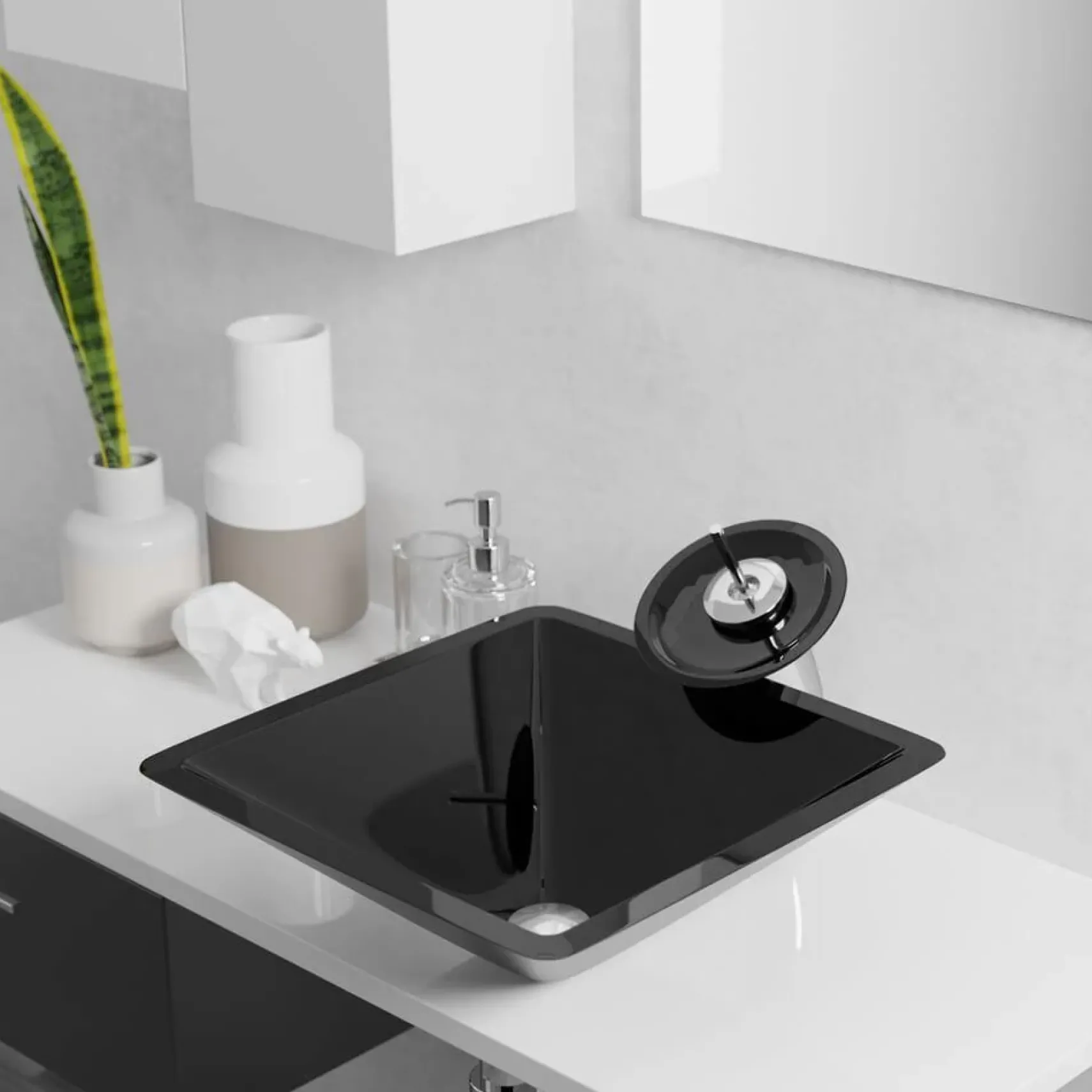 Rene 17" Square Glass Bathroom Sink, Noir, with Faucet, R5-5003-NOR-WF-C
