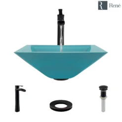 Rene 17" Square Glass Bathroom Sink, Cerulean, with Faucet, R5-5003-CER-R9-7007-ABR