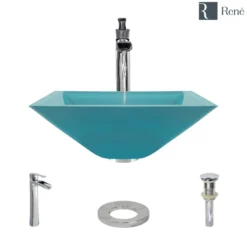 Rene 17" Square Glass Bathroom Sink, Cerulean, with Faucet, R5-5003-CER-R9-7007-C
