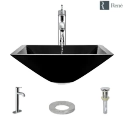 Rene 17" Square Glass Bathroom Sink, Noir, with Faucet, R5-5003-NOR-R9-7001-C
