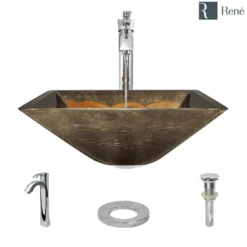Rene 17" Square Glass Bathroom Sink, Metallic Green and Gold, with Faucet, R5-5036-R9-7006-C