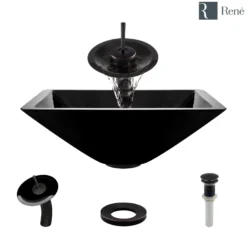 Rene 17" Square Glass Bathroom Sink, Noir, with Faucet, R5-5003-NOR-WF-ABR