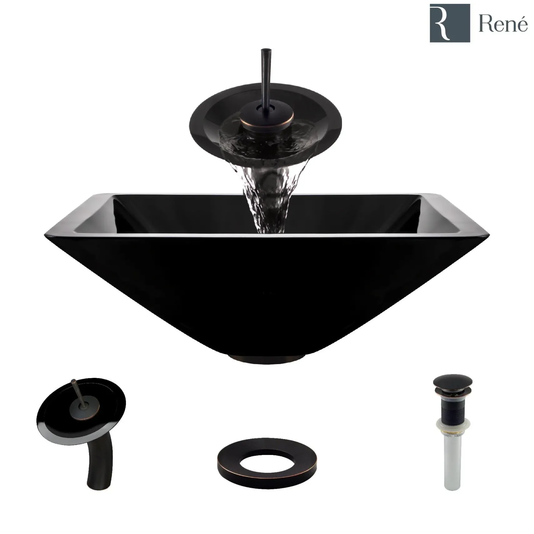 Rene 17" Square Glass Bathroom Sink, Noir, with Faucet, R5-5003-NOR-WF-ABR