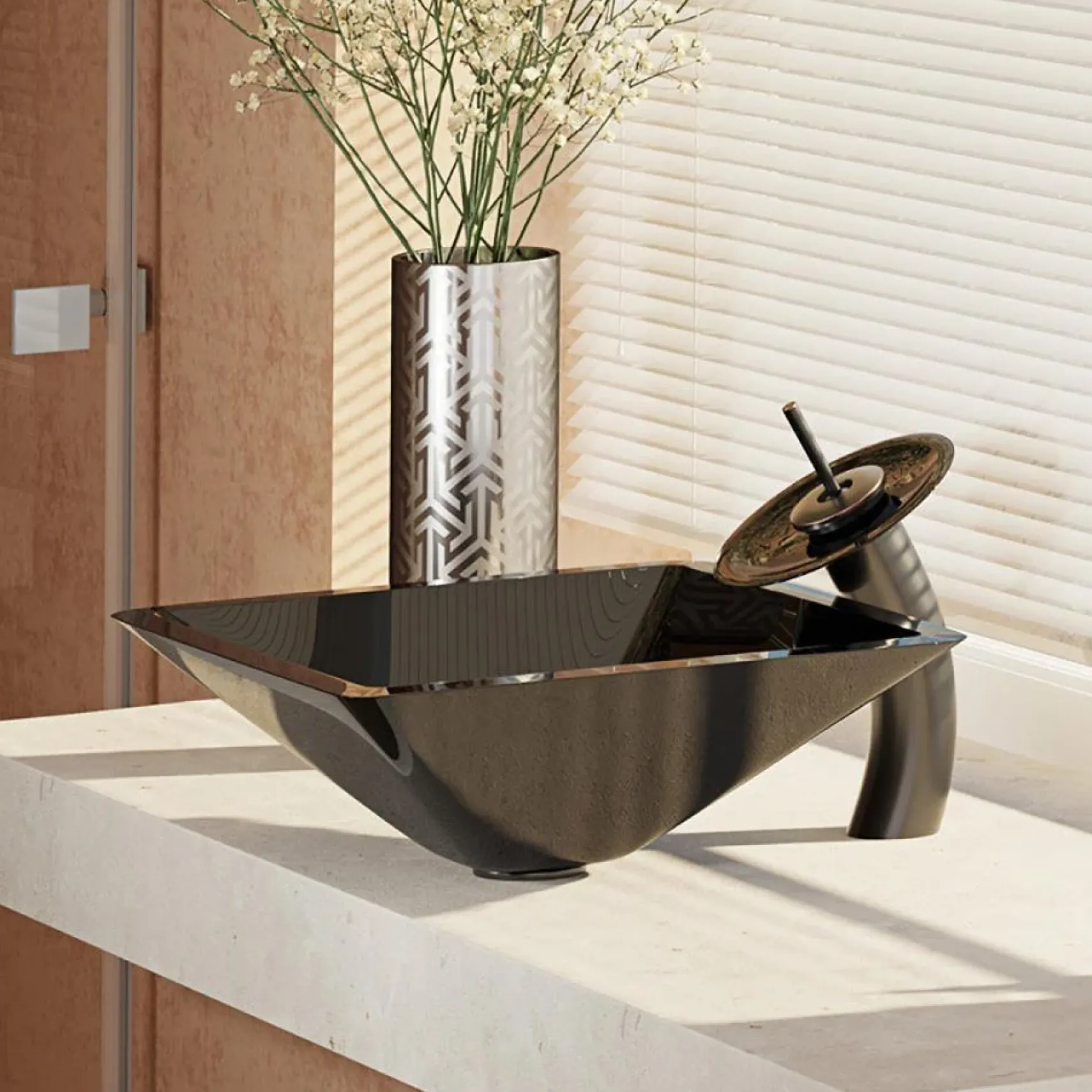 Rene 17" Square Glass Bathroom Sink, Noir, with Faucet, R5-5003-NOR-WF-ABR