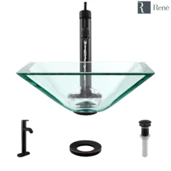 Rene 17" Square Glass Bathroom Sink, Crystal, with Faucet, R5-5003-CRY-R9-7001-ABR