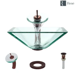 Rene 17" Square Glass Bathroom Sink, Crystal, with Faucet, R5-5003-CRY-WF-ORB