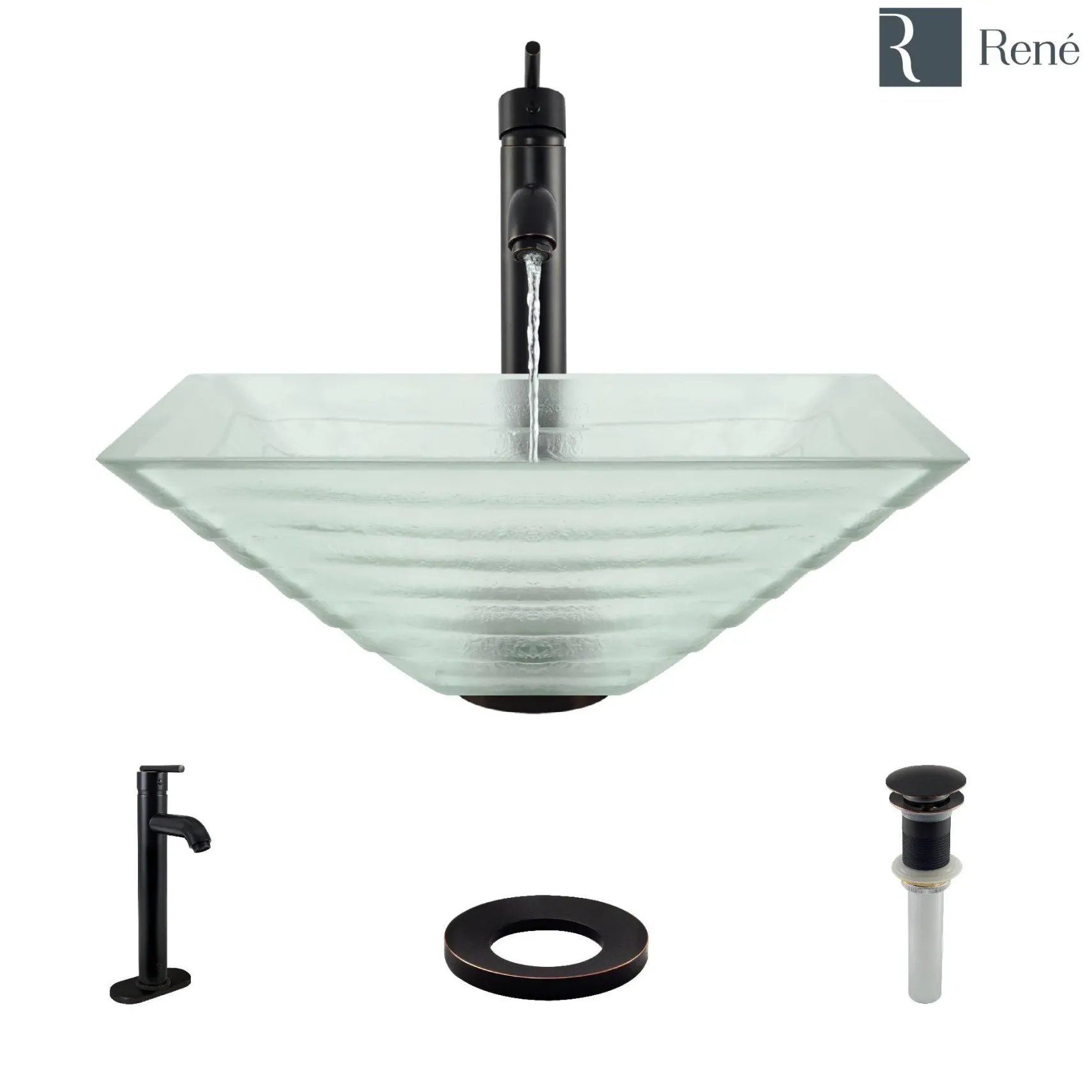 Rene 17" Square Glass Bathroom Sink, Textured, with Faucet, R5-5004-R9-7001-ABR