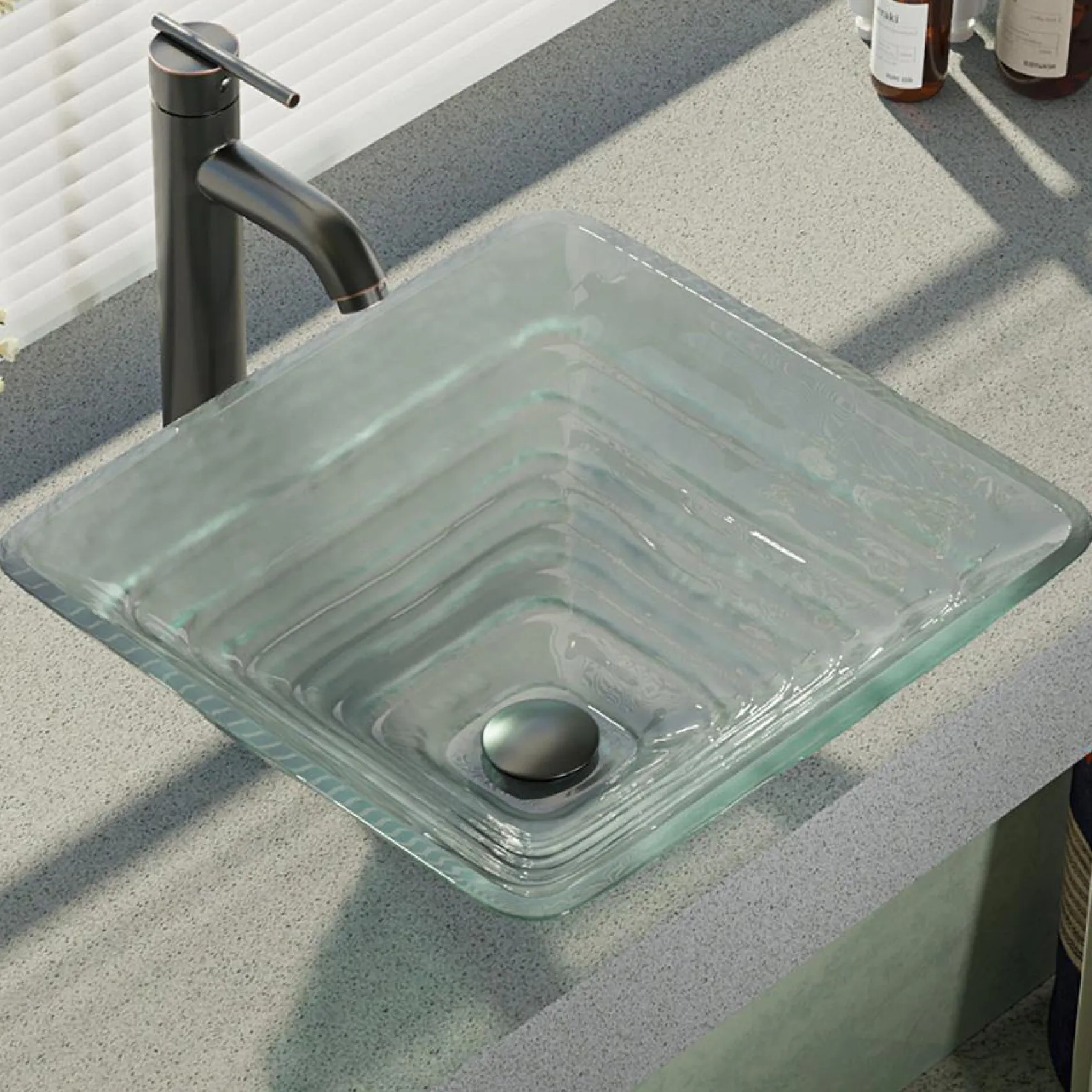 Rene 17" Square Glass Bathroom Sink, Textured, with Faucet, R5-5004-R9-7001-ABR