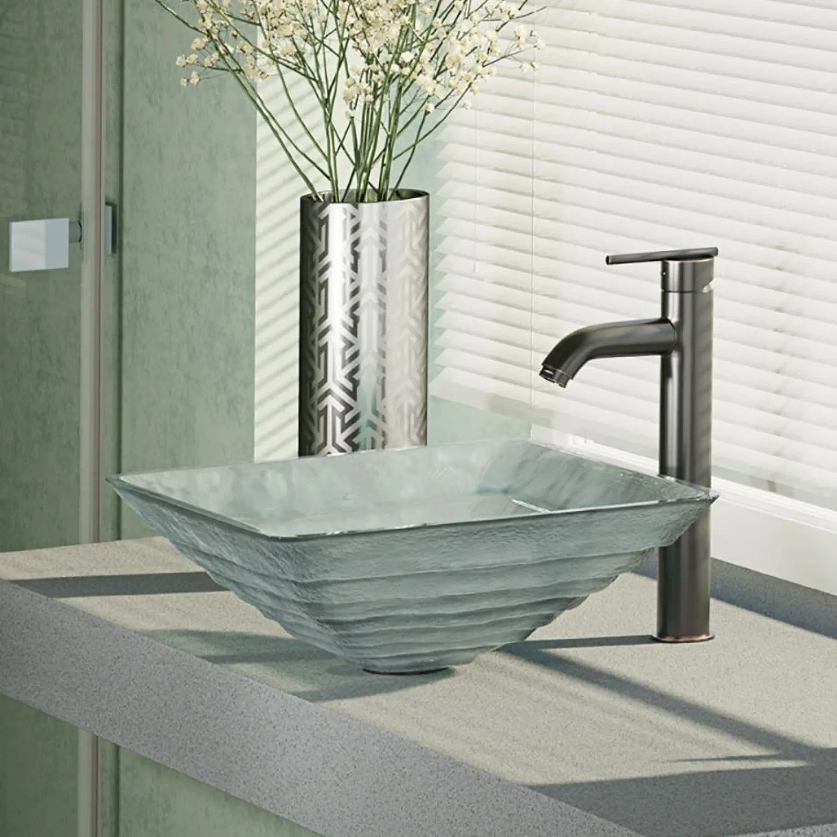 Rene 17" Square Glass Bathroom Sink, Textured, with Faucet, R5-5004-R9-7001-ABR