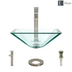 Rene 17" Square Glass Bathroom Sink, Crystal, with Faucet, R5-5003-CRY-R9-7003-BN