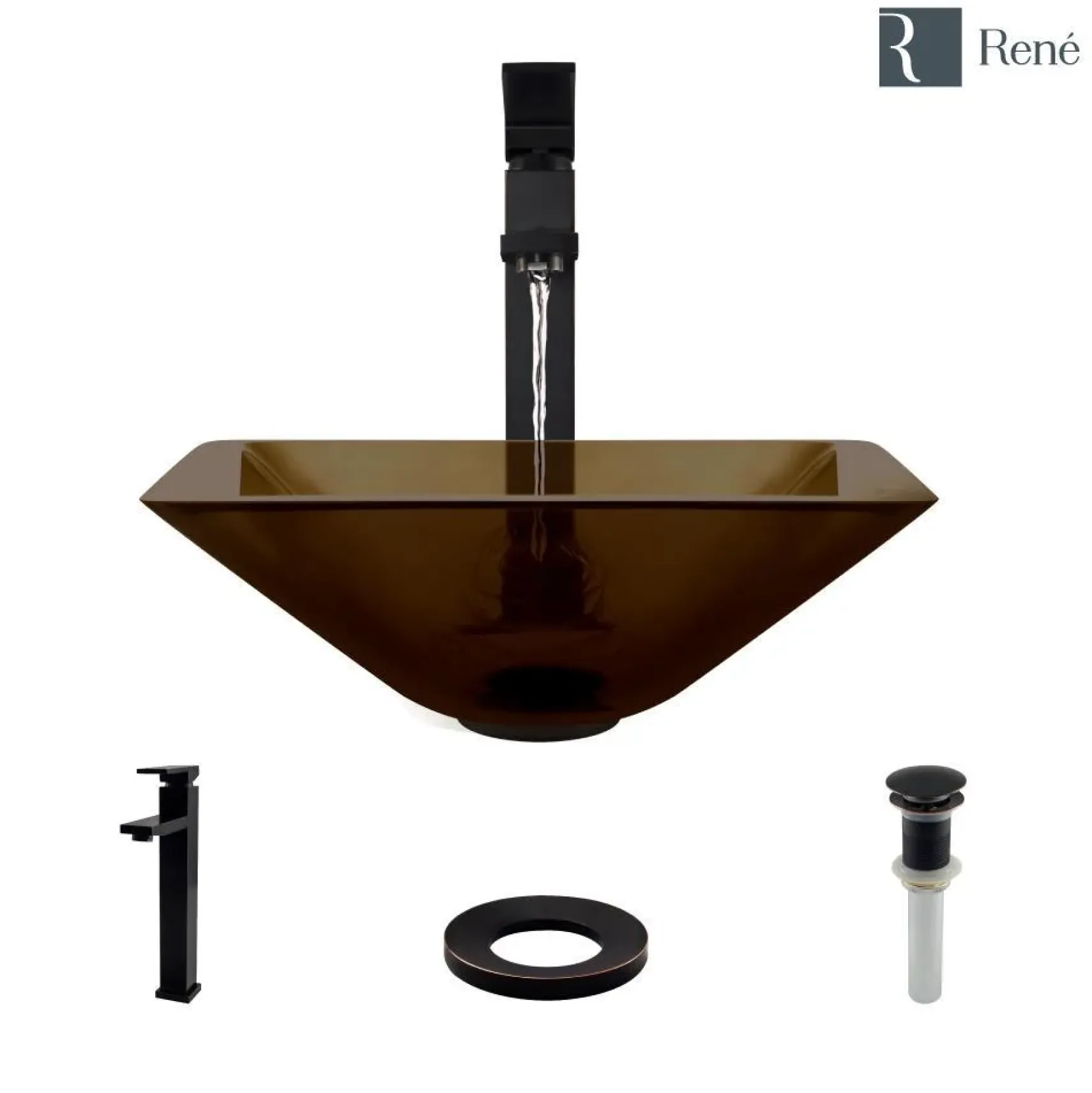 Rene 17" Square Glass Bathroom Sink, Cashmere, with Faucet, R5-5003-CAS-R9-7003-ABR