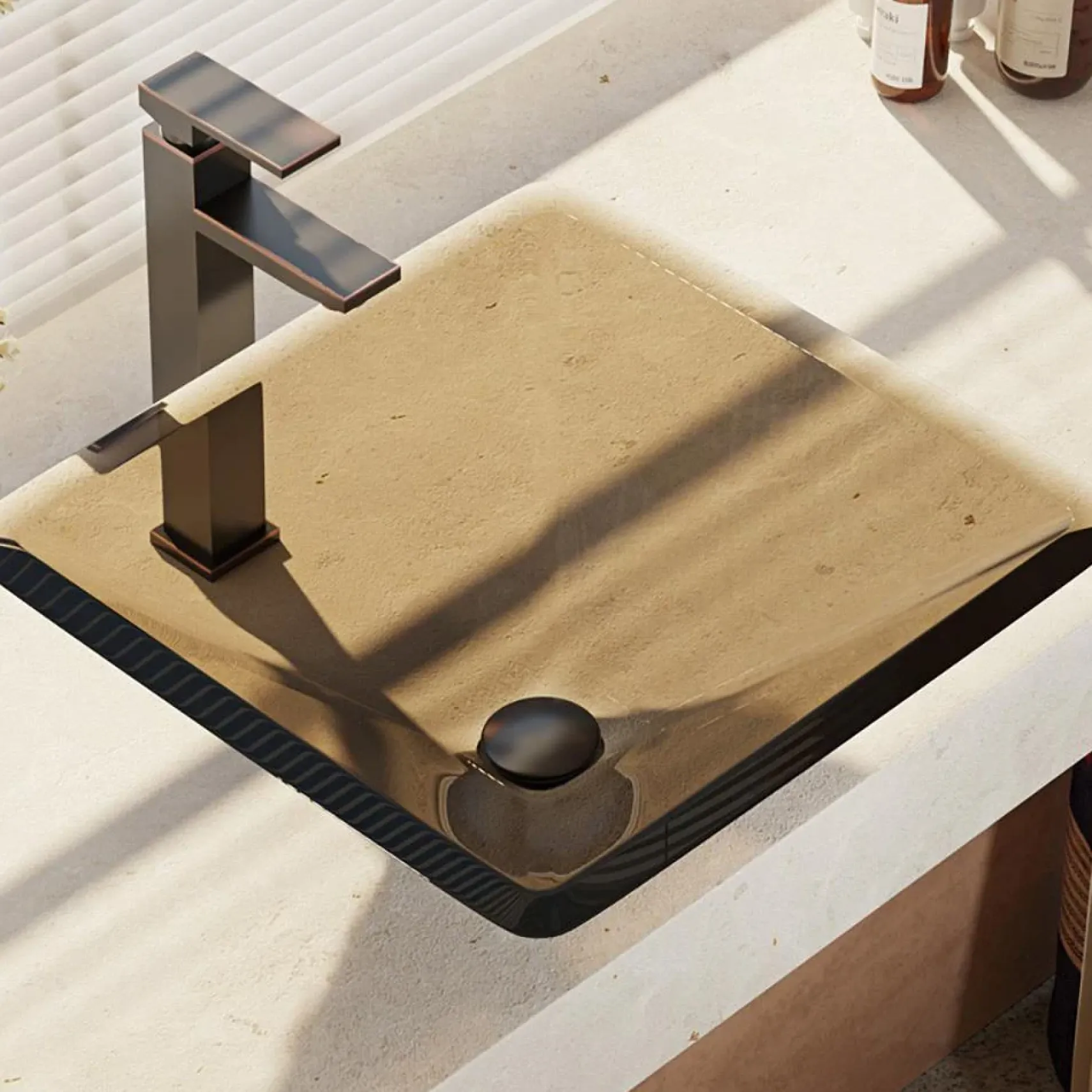 Rene 17" Square Glass Bathroom Sink, Cashmere, with Faucet, R5-5003-CAS-R9-7003-ABR