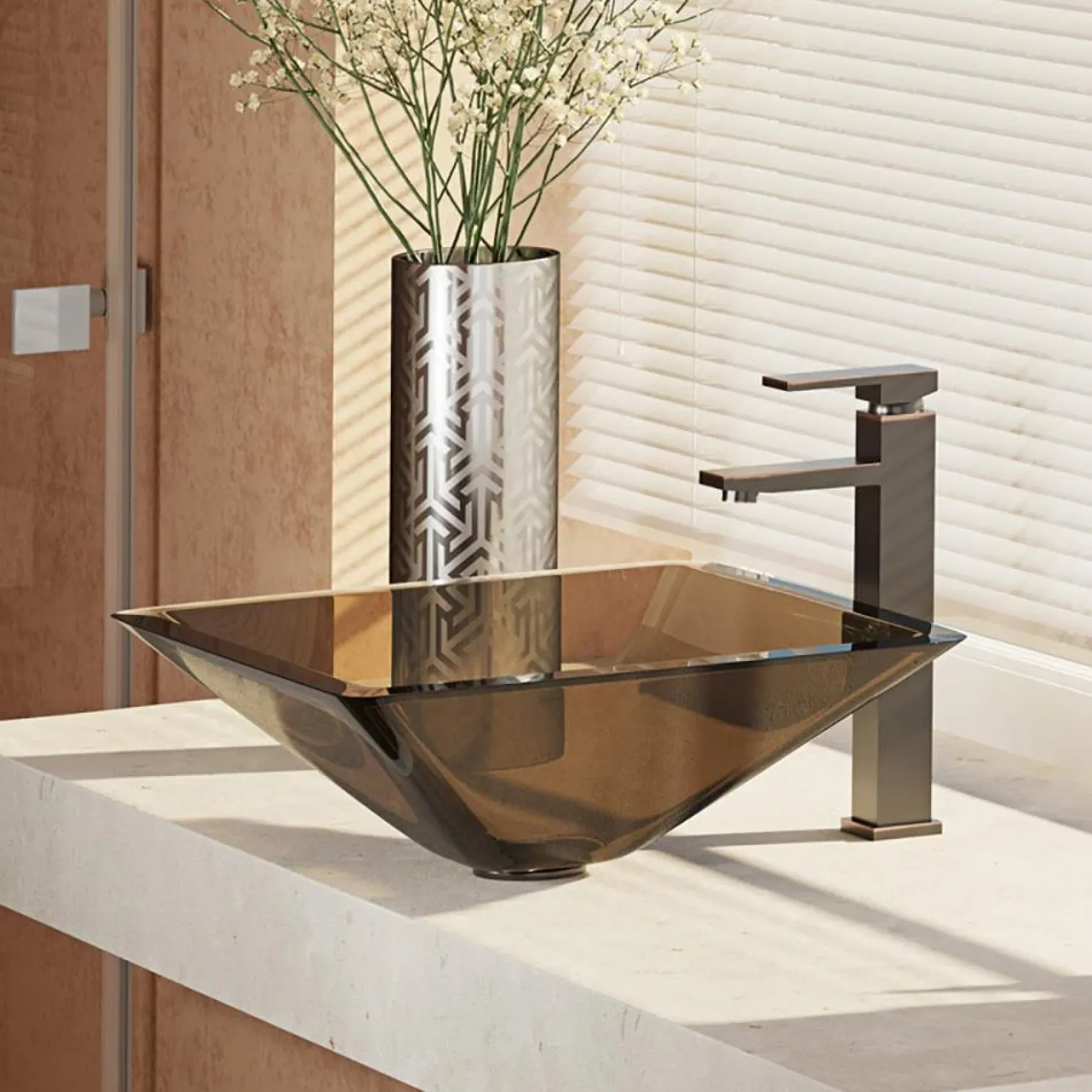 Rene 17" Square Glass Bathroom Sink, Cashmere, with Faucet, R5-5003-CAS-R9-7003-ABR