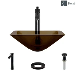 Rene 17" Square Glass Bathroom Sink, Cashmere, with Faucet, R5-5003-CAS-R9-7006-ABR